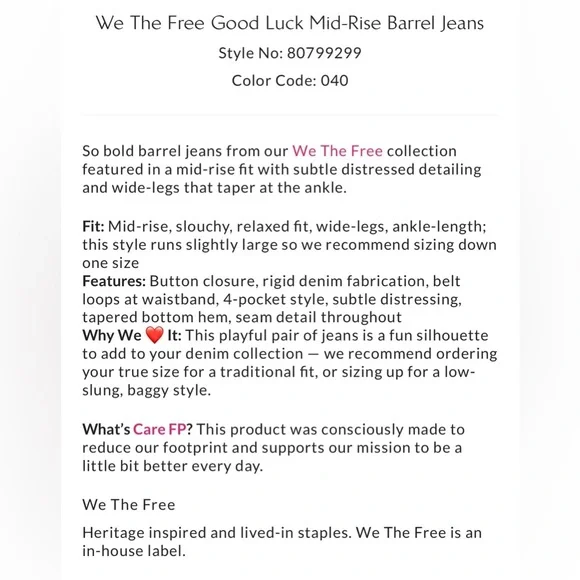 Free People We The Free Good Luck Mid-Rise Barrel Jeans ๐ฆ Size 24 ๐ฆ Like New - Picture 6 of 7
